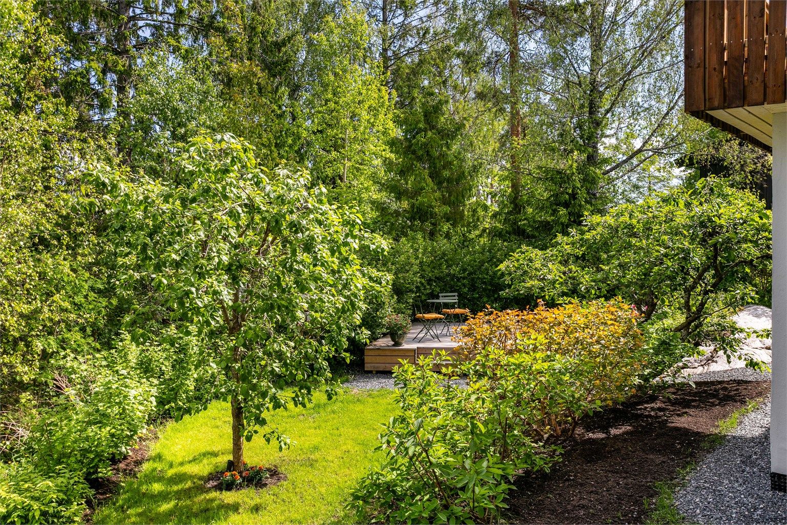 Omfangsrik og variert beplantning gjør hagen frodig og innbydende i årets varme måneder.