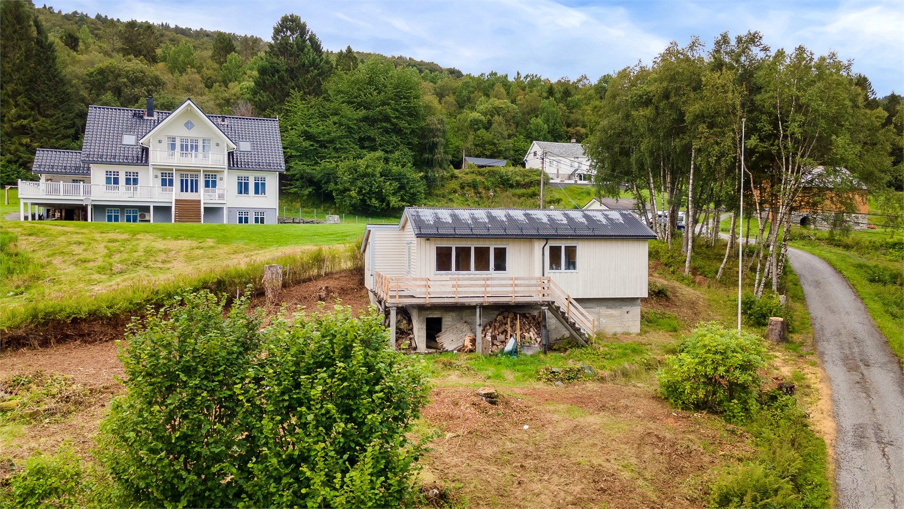 Dronebilde av fasade og tomten sett fra syd