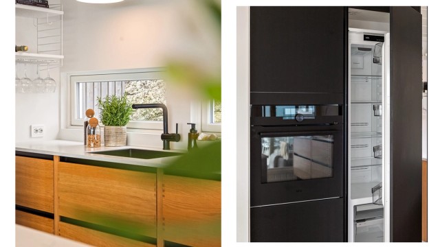 Av hvitevarer er det montert stor Studioline platetopp fra Siemens med innebygget ventilator (friskluftsventilator), integrert stekeovn, oppvaskmaskin, og stort kjøleskap.