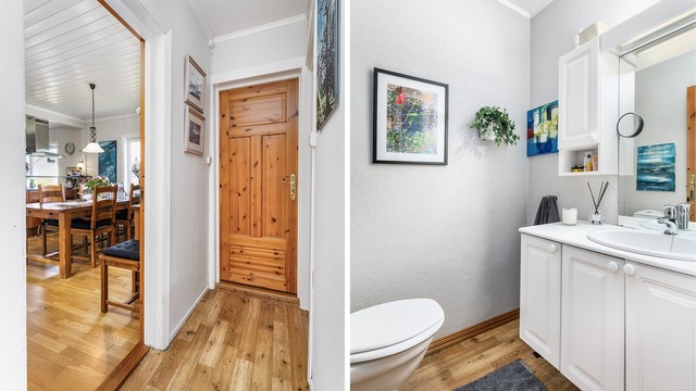 Rundt entreen finnes både et gjestetoalett og en bod benyttet som vaskerom.