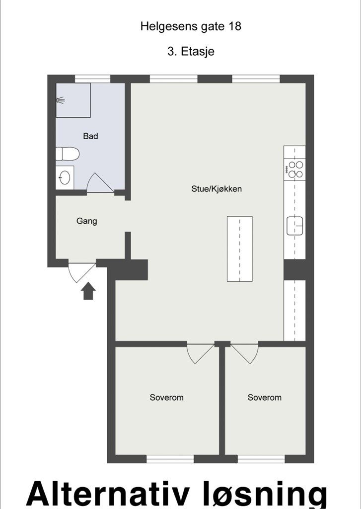 Alternativ planløsning kun til illustrasjon. Enkelte naboer har fått et ekstra soverom, bl.a ved å flytte kjøkken/vegg. 
