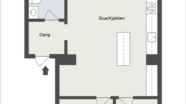 Alternativ planløsning kun til illustrasjon. Enkelte naboer har fått et ekstra soverom, bl.a ved å flytte kjøkken/vegg.