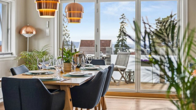 Balkongdøren med 2-lags isolerglass er fra 2019 og visker ut skillet mellom inne og ute.