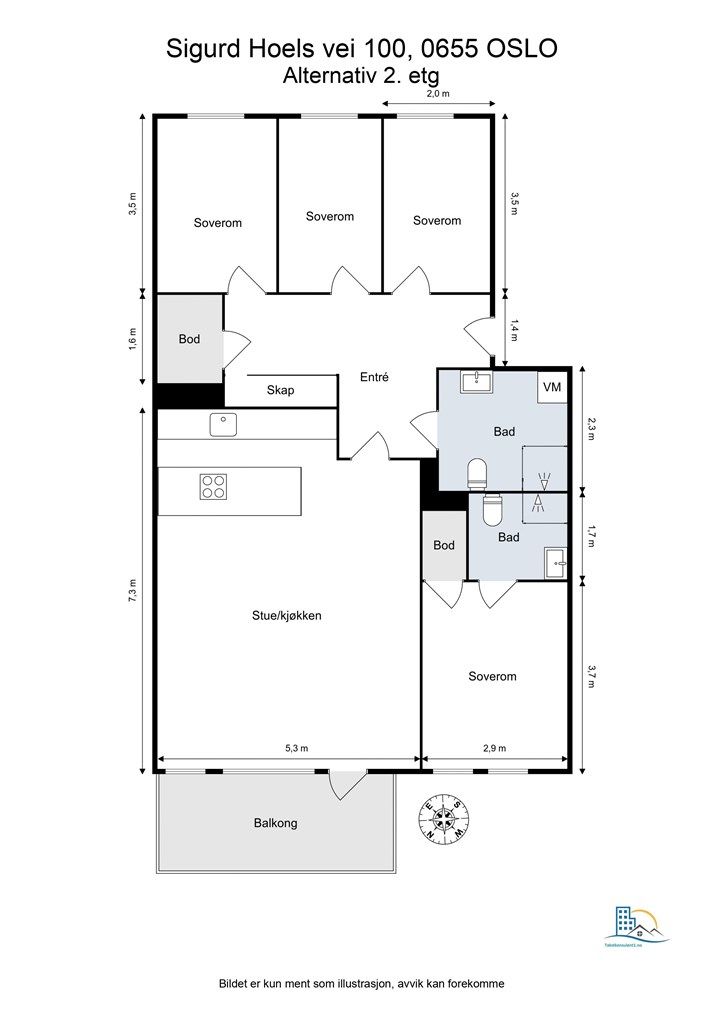 Alternativ plantegning. Boligen er opprinnelig en 5-roms.