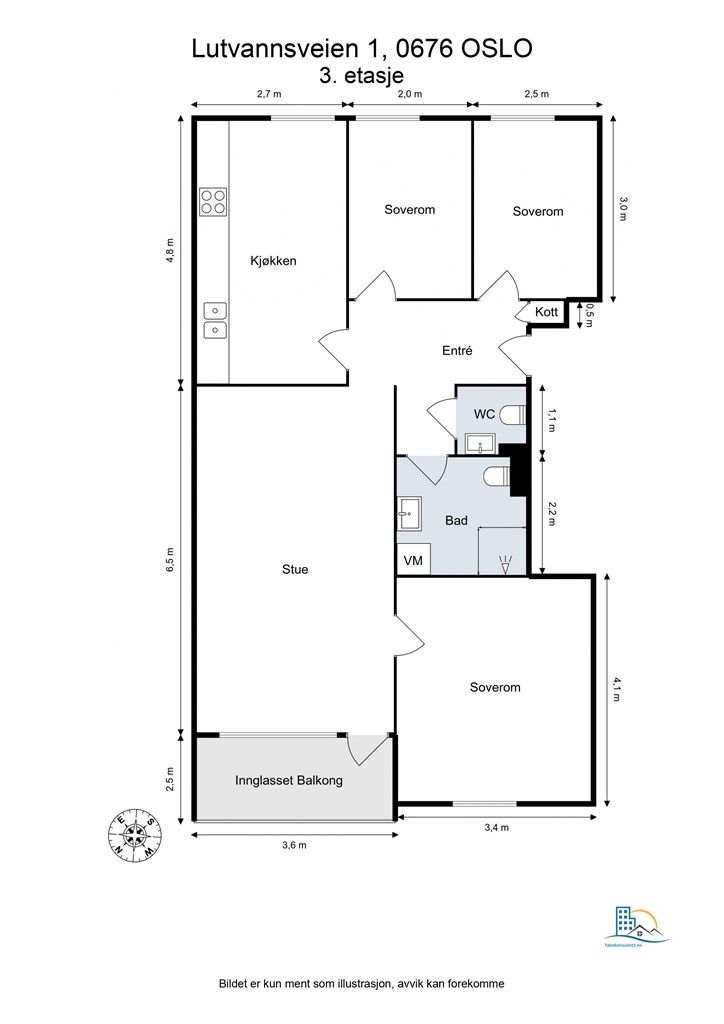 Leiligheten på 83 m² består av tre soverom, separat bad og toalettrom, og en romslig stue.