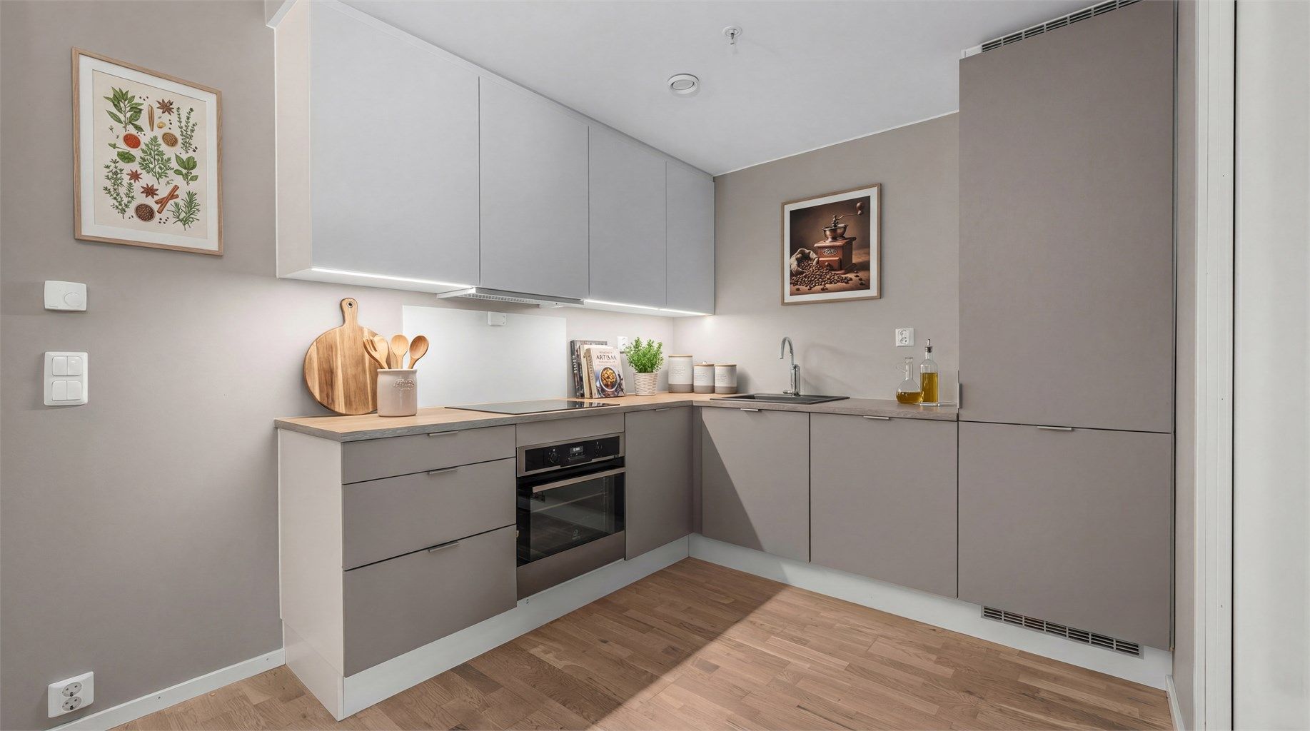 Lekkert kjøkken med integrerte hvitevarer. Digitalt stylet bilde.