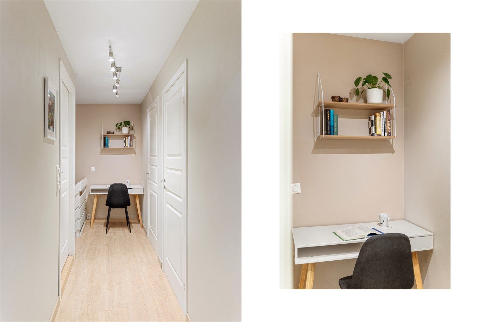 Gangen i overetasjen har også plass til en praktisk arbeids- eller lekseplass, nyttig for hjemmekontor eller lekser.
