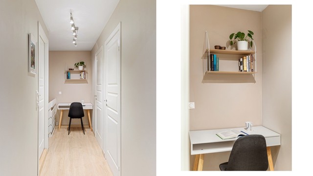 Gangen i overetasjen har også plass til en praktisk arbeids- eller lekseplass, nyttig for hjemmekontor eller lekser.