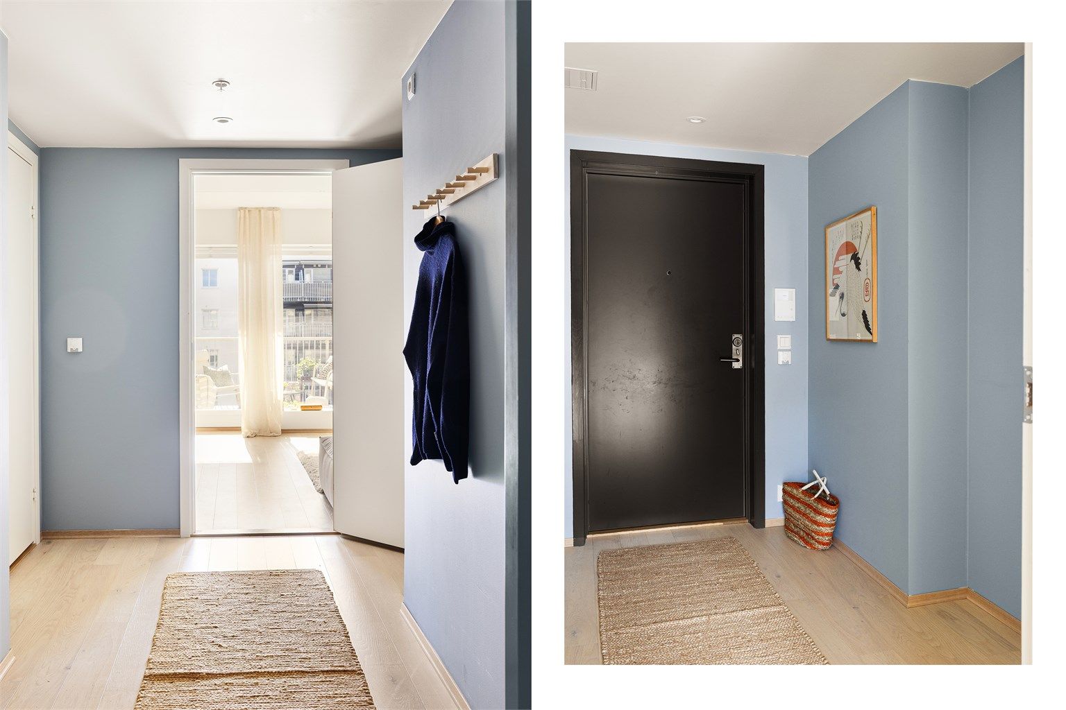 Du ønskes velkommen inn i en lys og innbydende entré med plass til yttertøy og sko. Herfra får du en fin siktlinje videre inn i leiligheten.