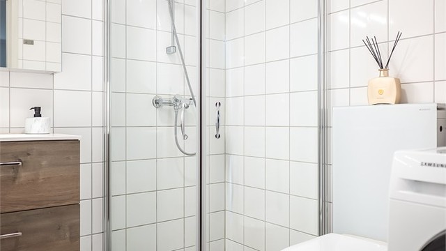 Badet er videre utstyrt med servantskap med overskap og speil med lys, toalett og dusjhjørne.