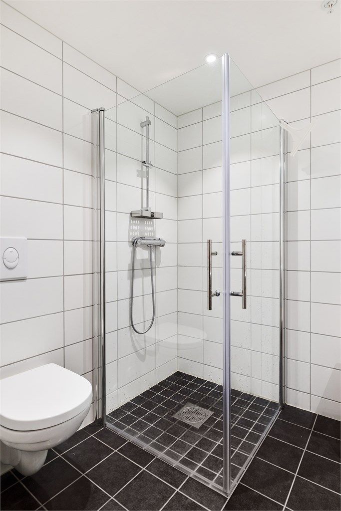 Praktisk dusjhjørne med innfellbare glassdører og hånddusj. Badet har mekanisk avtrekk.
