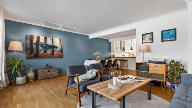 Romslig og lys stue med plass til sittegruppe, TV-område og stort spisebord i spisestuedelen.