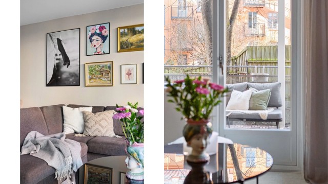 Herfra er det utgang til balkongen, som gir en fin forlengelse av oppholdsrommet i de varmere månedene.