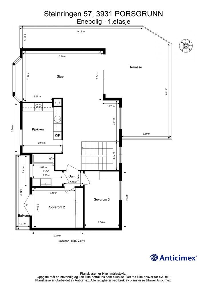 Plantegningen for 1. etasje viser en god planløsning med stue, kjøkken, bad og to soverom.