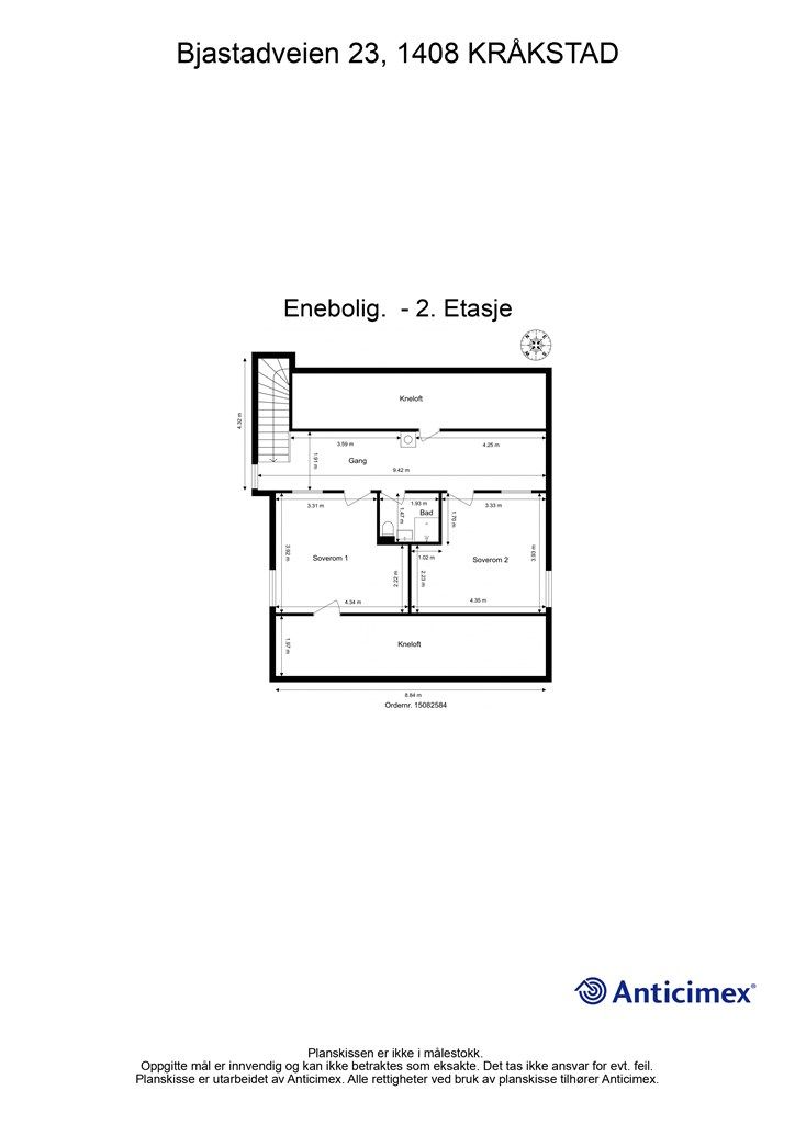 2. etasje er en innredet loftsetasje som inneholder to soverom og et bad.