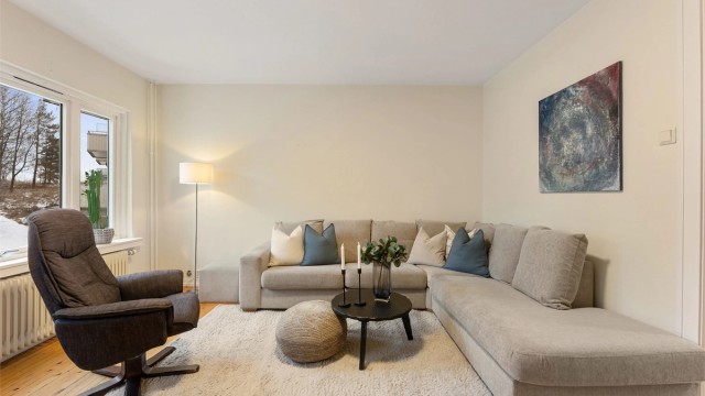 Store vindusflater gir godt med naturlig lys inn i stuen.