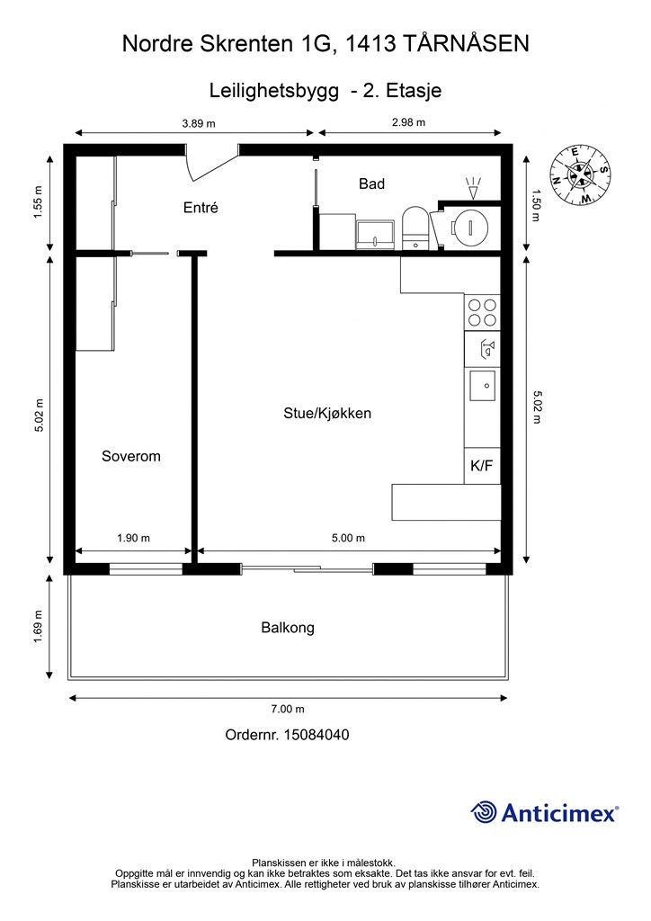 Effektiv planløsning på 47 m² som omfatter entré, bad, soverom og stue med åpen kjøkkenløsning.