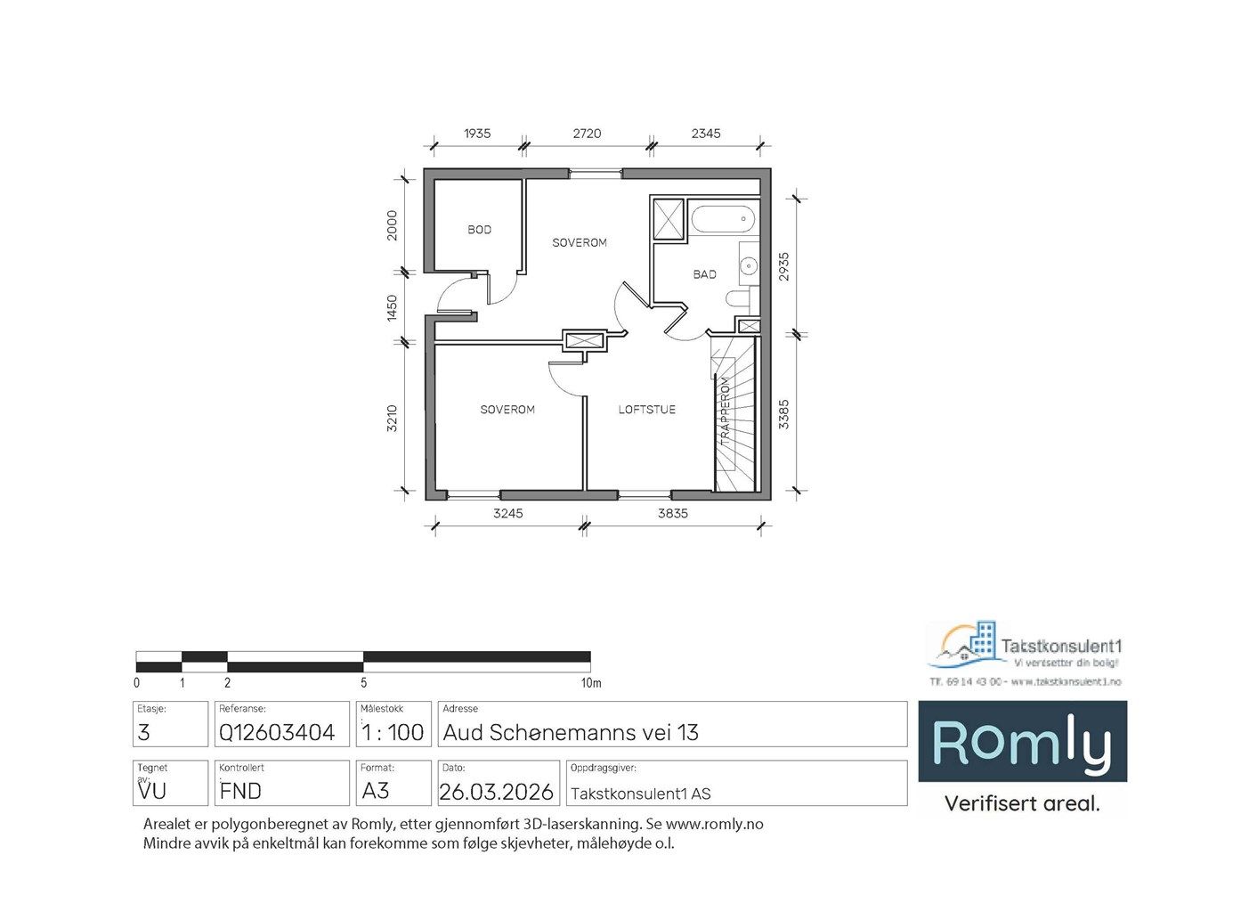 Loftsetasjen på 36 m² inneholder loftstue, bad, bod og to soverom.