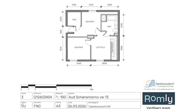 Loftsetasjen på 36 m² inneholder loftstue, bad, bod og to soverom.
