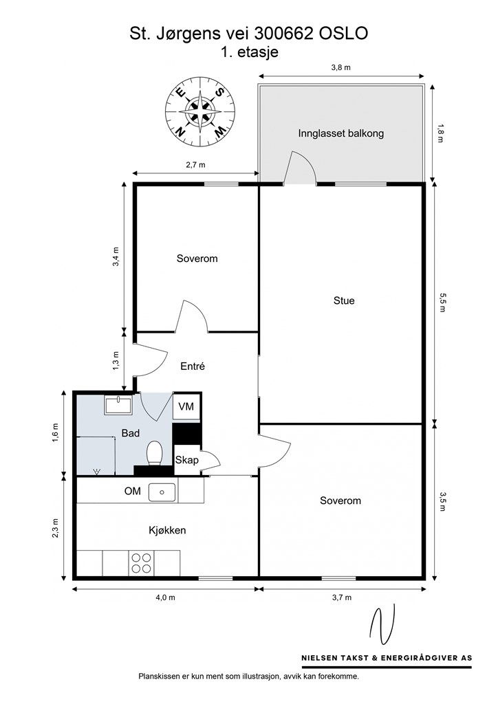 Leiligheten har en arealeffektiv planløsning med separat kjøkken og to gode soverom.