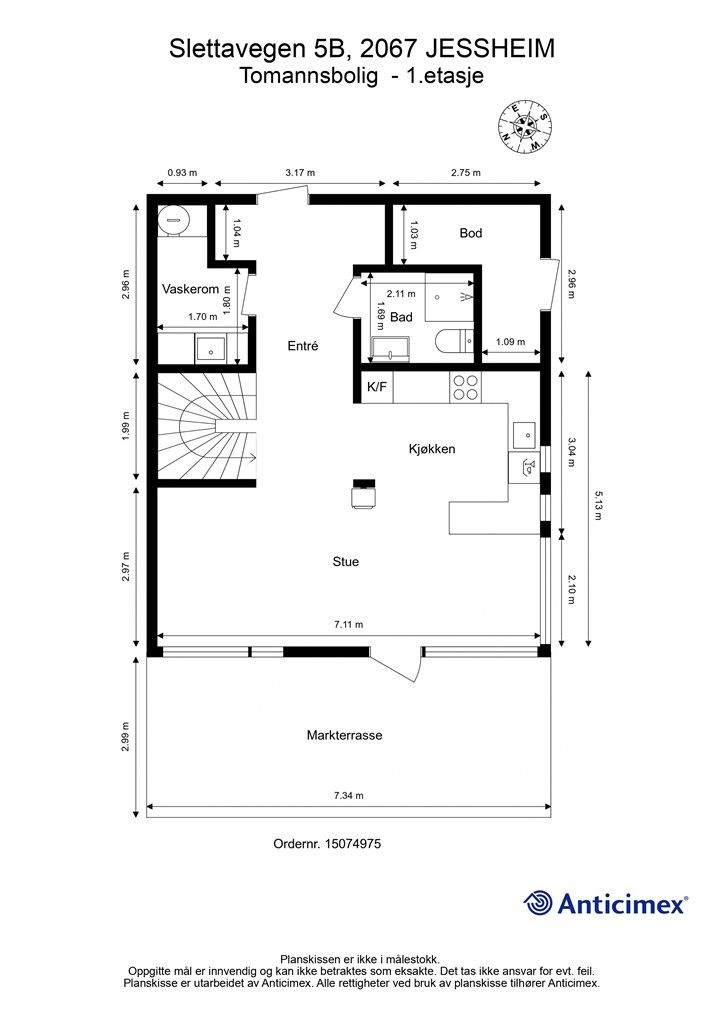 Plantegning med innvendige mål og himmelretning. 