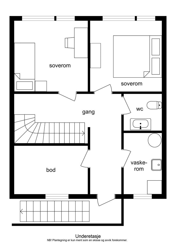 Underetasjen inneholder gang, bod, vaskerom, wc og to disponible rom med utgang til hagen.