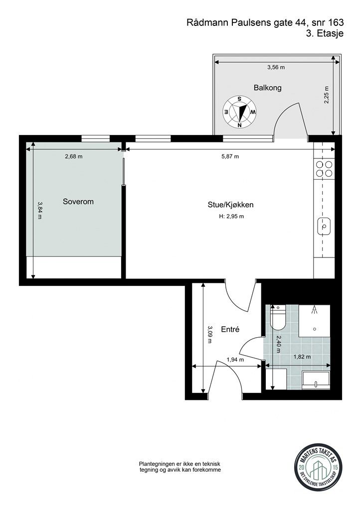 Målsatt planskisse - Rådmann Paulsens gate 44 - 3. etasje