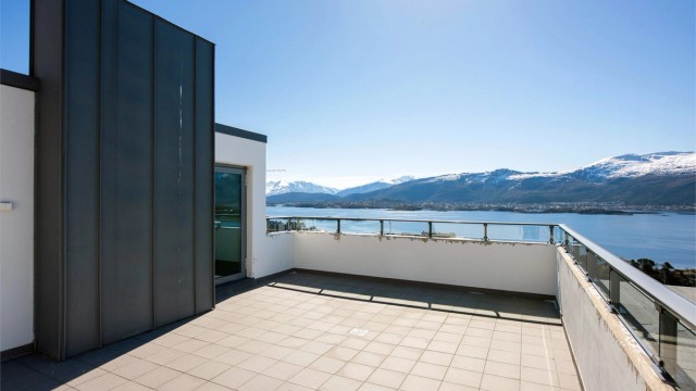 Felles takterrasse med praktfull utsikt mot by, fjord og fjell