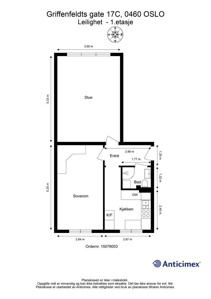 Planløsning. Flere naboer har flyttet kjøkkenet for å få et ekstra soverom. 