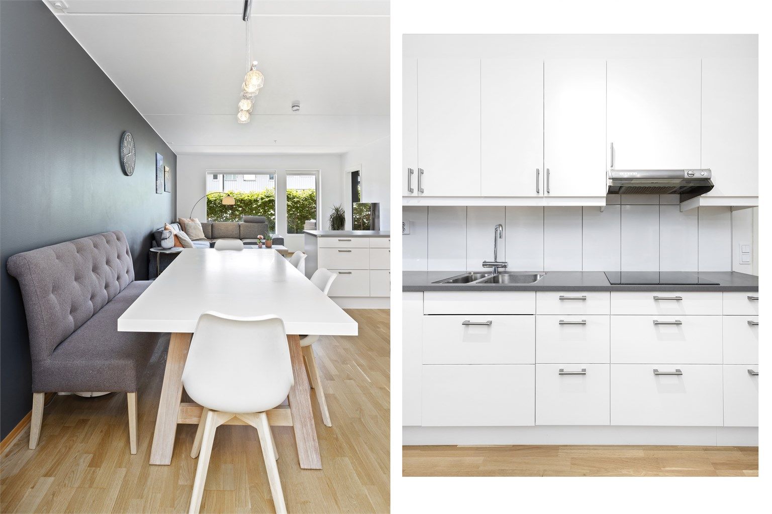 Et innholdsrikt kjøkken med alt du trenger av integrerte hvitevarer. Kjøkkenets åpne løsning gjør det til et sosialt kjøkken når du har gjester