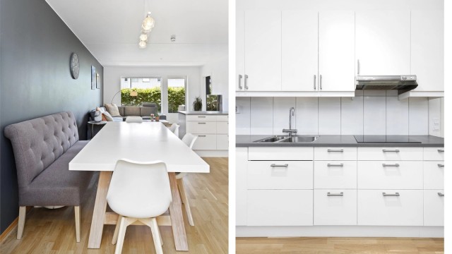 Et innholdsrikt kjøkken med alt du trenger av integrerte hvitevarer. Kjøkkenets åpne løsning gjør det til et sosialt kjøkken når du har gjester