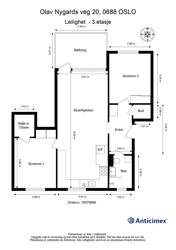 Leiligheten har en gjennomtenkt planløsning på 68 m² med to soverom, walk-in closet og en åpen stue- og kjøkkenløsning.