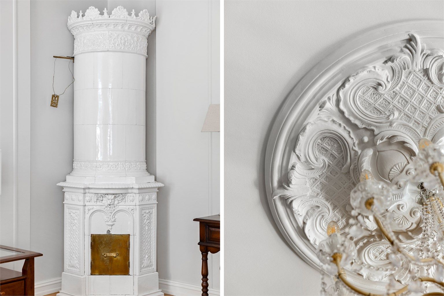 Fine detaljer i leiligheten som kakkelovn og rosett. 