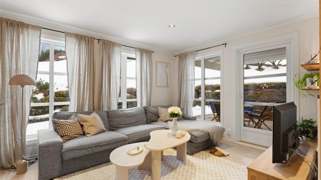 Stuen har store vindusflater som gir rikelig med naturlig lysinnslipp