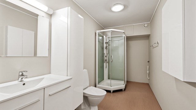 Videre er badet utstyrt med gulvstående toalett og dusjkabinett.