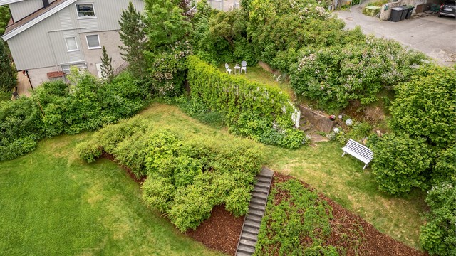 Hage i skrånende terreng med nivåer - sjarmerende og frodig