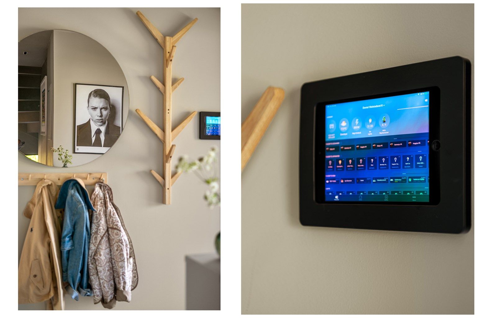Hele boligen er satt opp på Fibaro Smarthus med appstyring via Yubii der lys og varme kan kontrolleres/justeres via app, stemmesstyring eller brytere.
