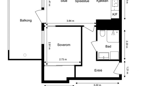 Leiligheten har en effektiv og arealeffektiv planløsning på 40 m² med adkomst til alle rom fra entréen.