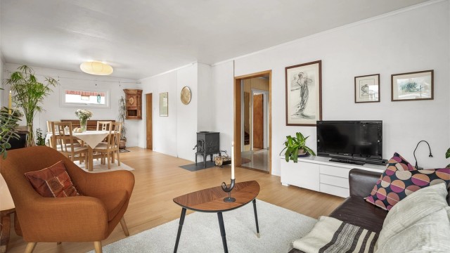 Frittstående rentbrennende Dovre vedovn fra 2018 med plate på gulv, pent plassert i midten av rommet