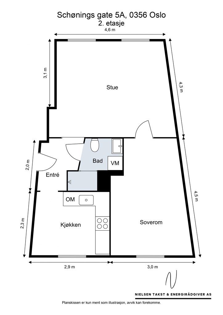 Leiligheten har en gjennomgående og arealeffektiv planløsning på 50 m².