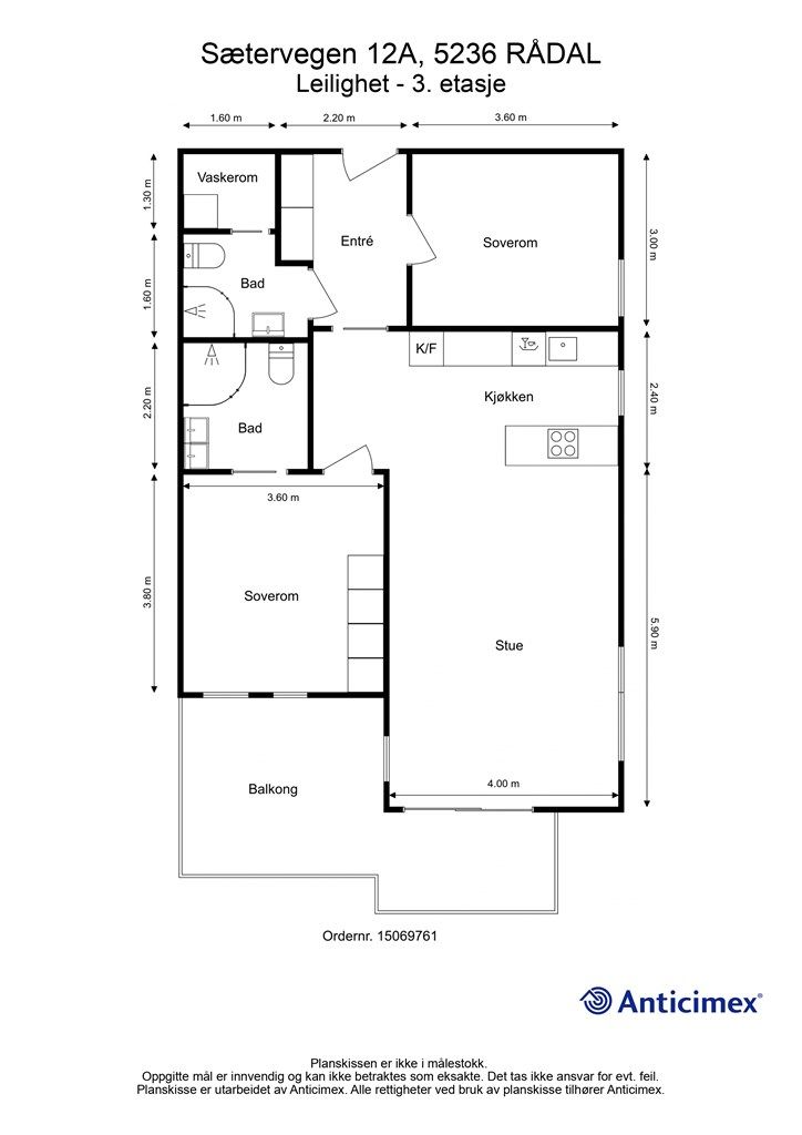 Plantegning 3. etasje. God planløsning med 2 bad og 2 soverom. Legg merke til skyvedøren fra gang til stuen. 