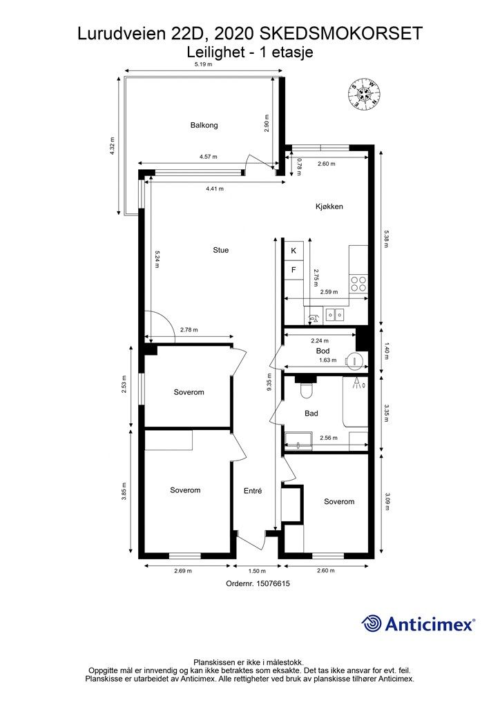 Plantegning. Leiligheten ligger i 1. etasje 