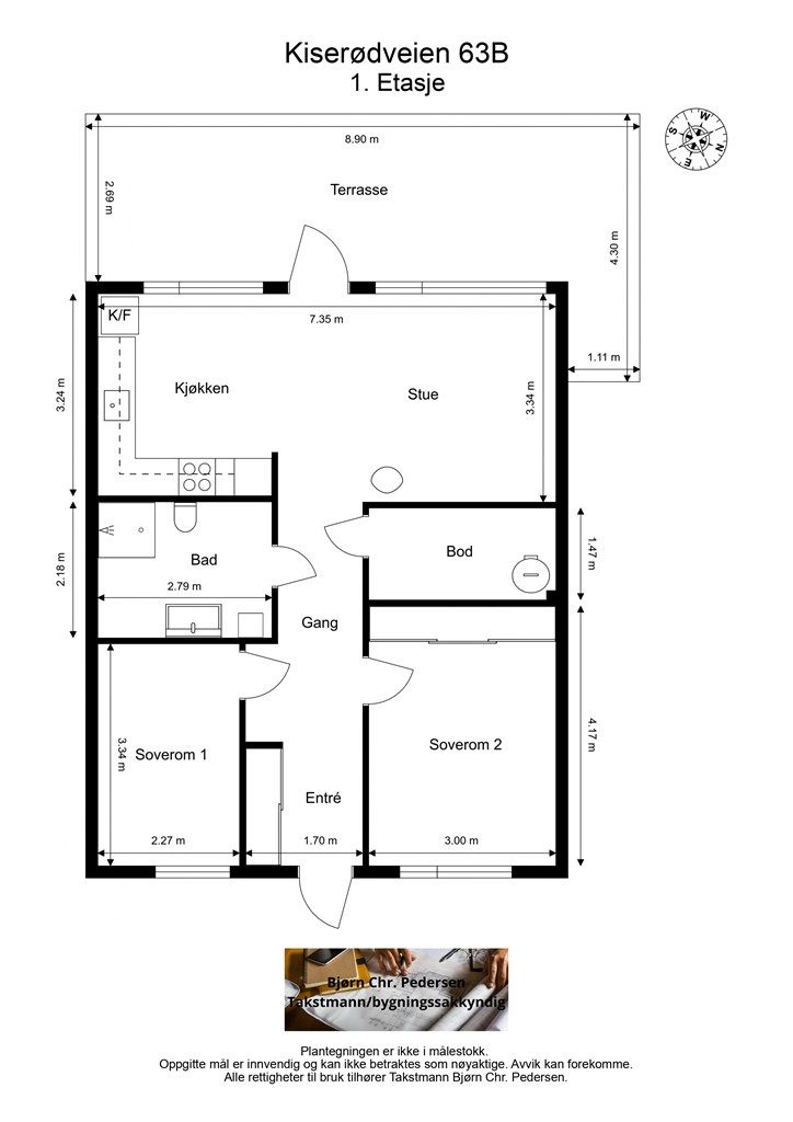 Leiligheten har en arealeffektiv planløsning på 68 m² som omfatter entré, to soverom, bad, bod og en åpen stue- og kjøkkenløsning.