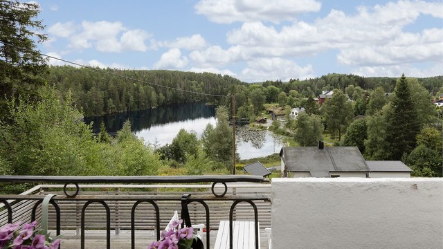 Fra balkongen er det fri utsikt over vannet og skogen.