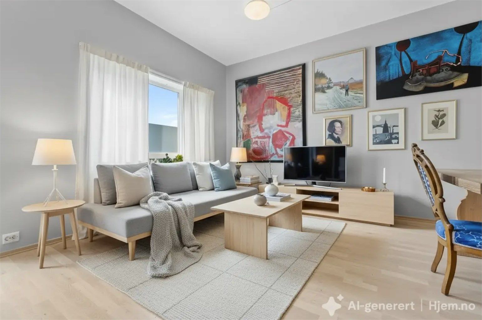 Stue med scandinavisk stil AI-generert via hjem.no