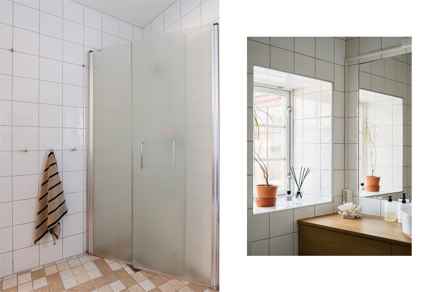 Badet har flislagte overflater og dusjhjørne med svingbare dører.