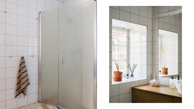 Badet har flislagte overflater og dusjhjørne med svingbare dører.