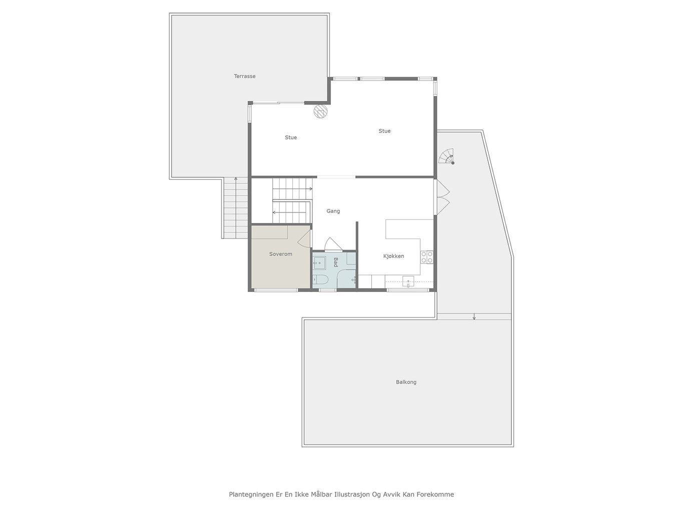 Andre etasje rommer stue, kjøkken, ett soverom og bad, samt utgang til terrassene.