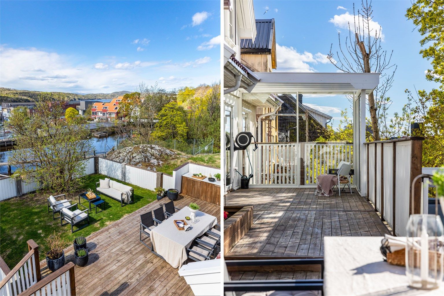 Pergola er oppført på begge sider, med glasstak som ikke er omsøkt eller godkjent. Glassene kan demonteres og erstattes med eksempelvis duk.