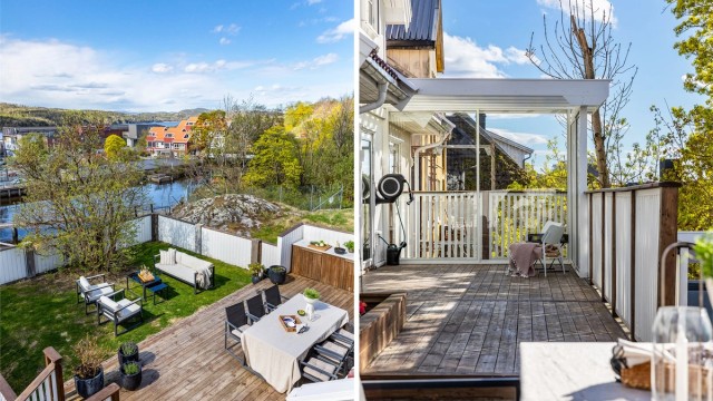 Pergola er oppført på begge sider, med glasstak som ikke er omsøkt eller godkjent. Glassene kan demonteres og erstattes med eksempelvis duk.